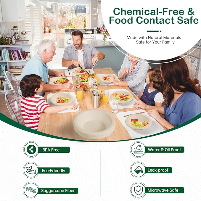 𝟭𝟲 𝗼𝘇, 𝟭𝟮𝟴-𝗣𝗮𝗰𝗸 Compostable Paper Bowls, Heavy-Duty Biodegradable Disposable Bowls Made from Bagasse, Eco-Friendly, Microwave & Freezer Safe (Natural)