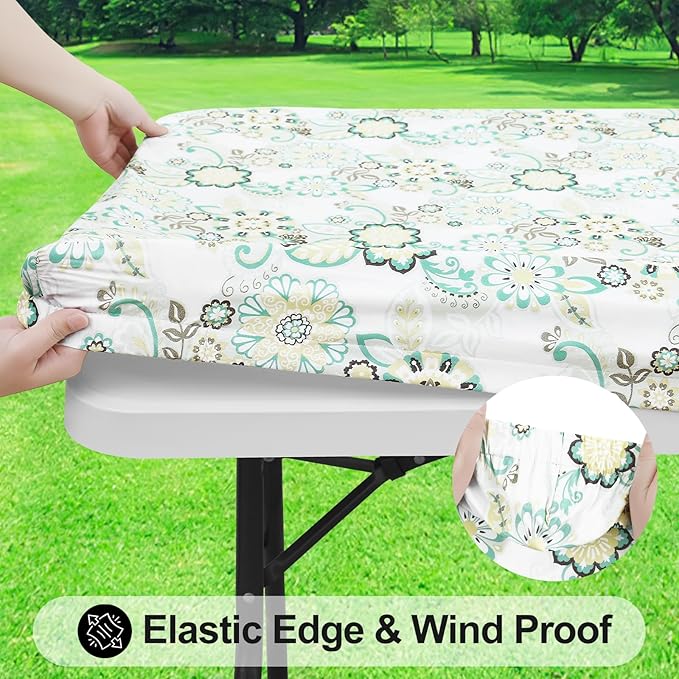 Smiry Rectangle Table Cloth Cover, Waterproof Elastic Fitted Picnic Tablecloth for 8 Foot Tables, Wipeable Flannel Backed Vinyl Tablecloths for Camping, Dining, Outdoor (Teal & White, 30" x 96")