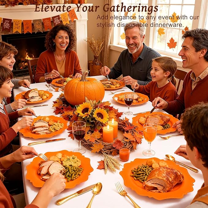 COLOSUS 60 pcs Orange Plastic Plates -Thanksgiving Plastic Plates for Party include 30 Dinner Plate and 30 Dessert/Salad Plate for Wedding,Party,Anniversary,Daily Use