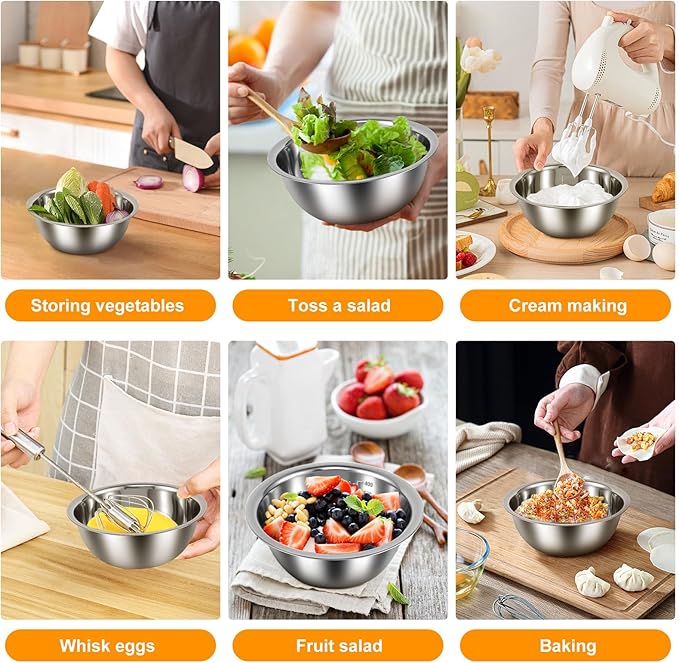 10 Pack Stainless Steel Bowls ，Nesting Mixing Bowl Set with Scale Marks, 5 Different Size (4.5, 3,2,1.5,0.7QT) Baking Bowls Mixing Set for Kitchen Food Storage, Cooking, Baking (10)