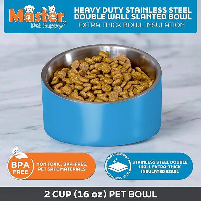 Master Pet Supply Stainless Steel Slanted Dog Cat Food Bowl - 16 oz Heavy Duty - True Blue, Double Wall Insulated, Non-Slip Elevated Bowl for French Bulldogs Pugs Cats, Anti Rust Dishwasher Safe