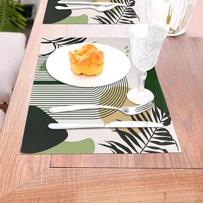 Boho Mid Century Sun Placemats Printed Modern Rainbow Leaves Green Design Washable Place Mats 12x18Inch for Dining Kitchen Farmhouse Decor 6 PCS