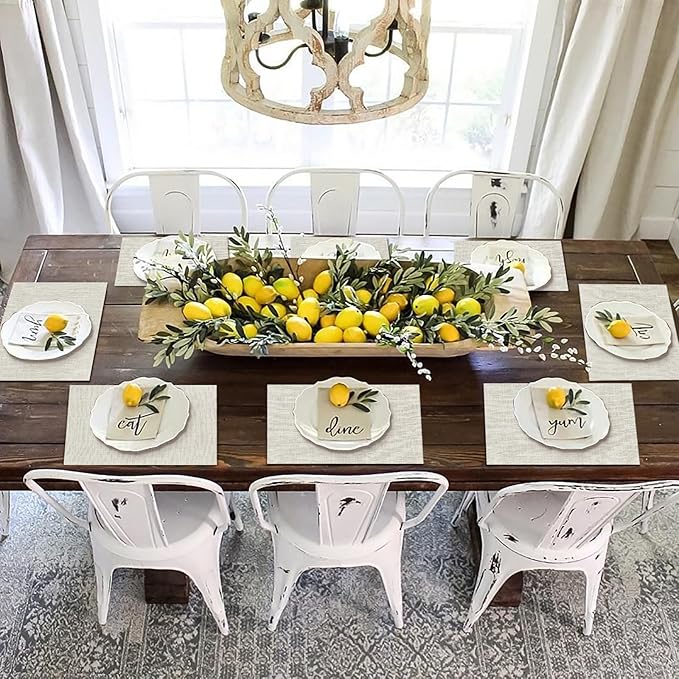 Table Placemats Set of 8, Washable Dining Table Mats Cloth Place Mats for Kitchen Table, Square Farmhouse Fall Placemats for Indoors & Outdoors, Easy to Clean(Beige)