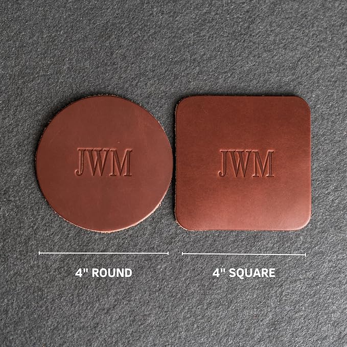 Ox & Pine Personalized Leather Coaster - Sold Individually or in Sets of 4 - Customize Inscription - 100% Full-Grain Leather – 4" Round or 4" Square (Round, Deep Ocean, 1 Individual Coaster)