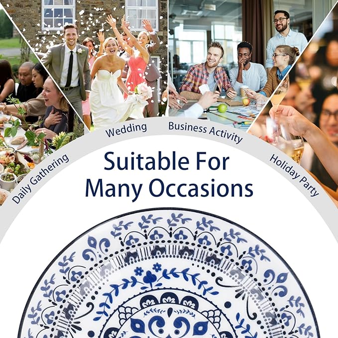 Hioasis 60pcs Blue Plastic Plates Set - Floral Blue & White Porcelain Design, 10.25" Dinner & 7.5" Dessert Plates Disposable for Wedding (Dishwasher Safe, Traditional Style)