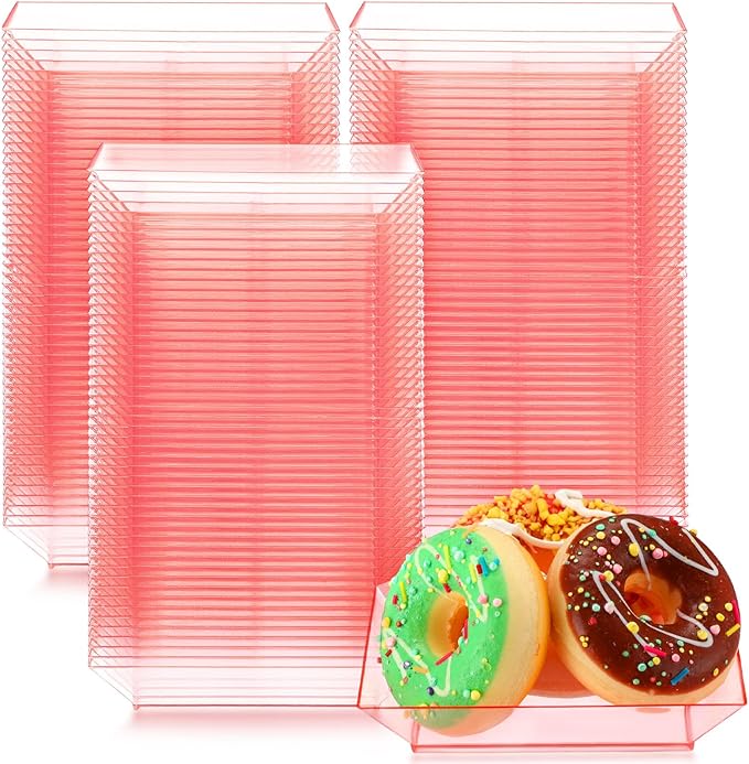 Zhehao 100 Pcs Plastic Dessert Appetizer Plates Disposable, 3.6 x 3.6 Inch Small Square Plastic Dessert Cake Plate for Party, Valentine's Day Wedding Birthday Bridal Baby Shower Supplies (Red Clear)