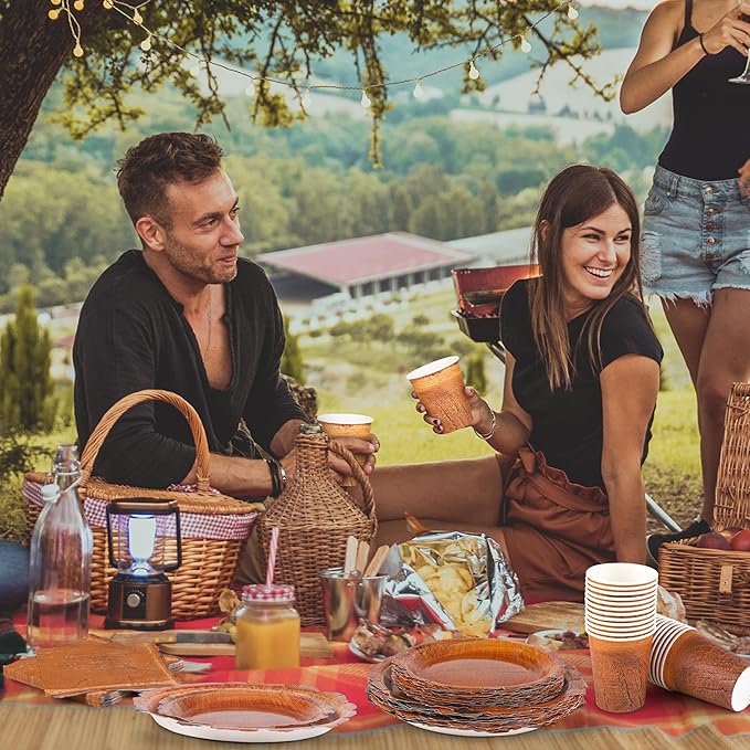 Kochorie 96 Pieces Wood Grain Slice Tableware Sets Rustic Wood Party Supplies Including Paper Plates, Napkins, Cups, Serves 24 for Camping Birthday Hunting Forest Party Decorations