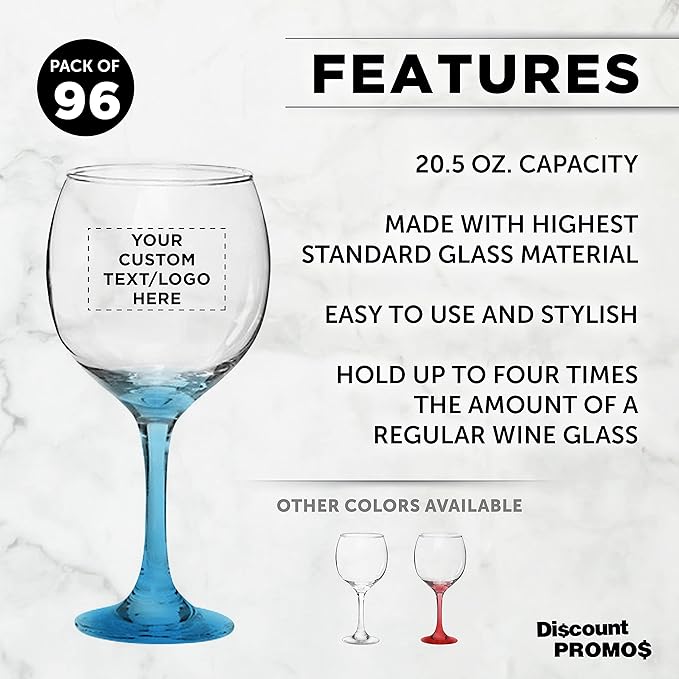 Custom Premiere Wedding Wine Glasses 20.5 oz Set of 96, Personalized Bulk Pack - Restaurant Glassware, Perfect for Red Wine or White Wine - Blue