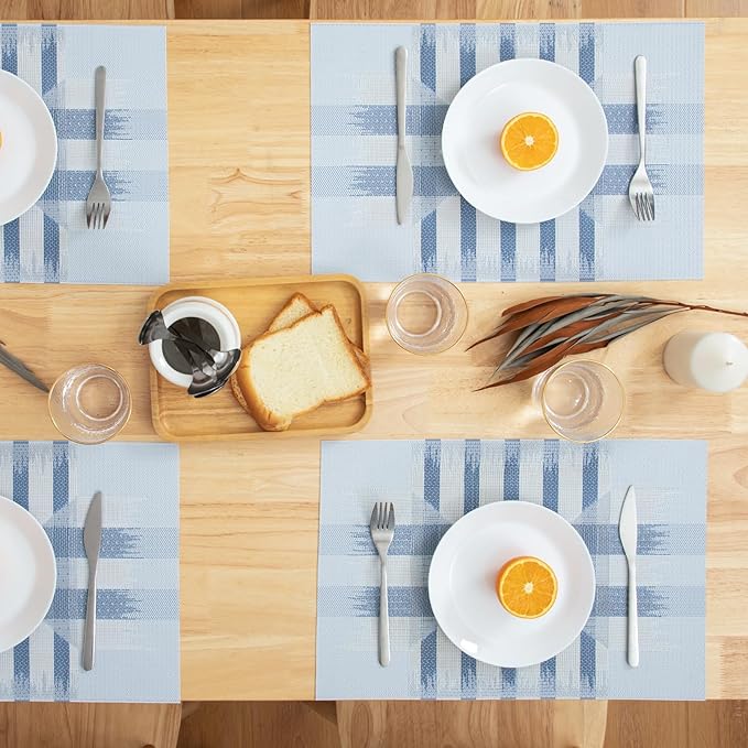 Winknowl Placemats Set of 8, Heat Resistant Stain Resistant Woven Vinyl Insulation Place mats, Durable Washable Elegant Table Mats for Kitchen Dining Table Decor (Geometric Blue)