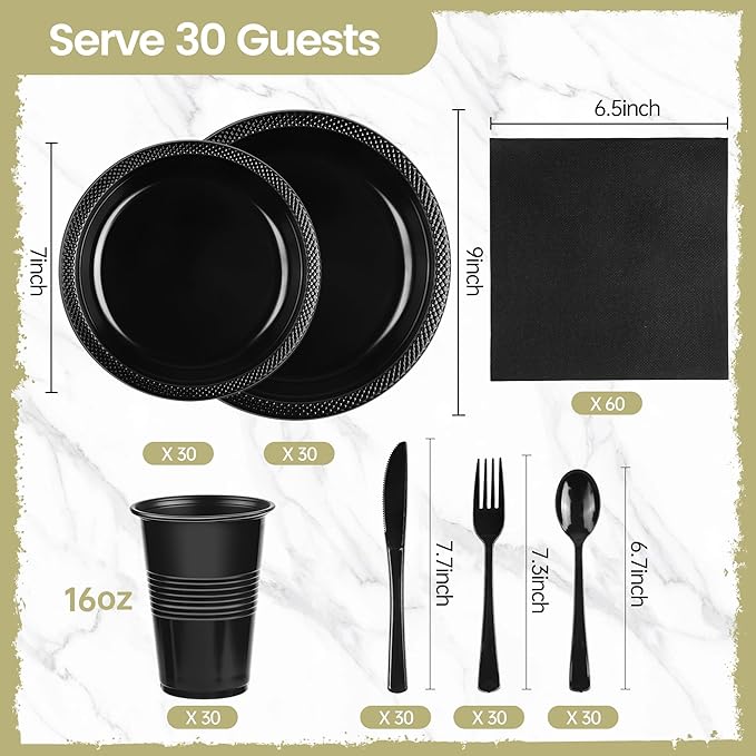 Kochorie 240 Pieces Black Plastic Dinnerware Set for 30 Guests Disposable Heavy Duty Plates Napkins Cups and Silverware Dessert Dinner Plates for Birthday Wedding Halloween Party Supplies