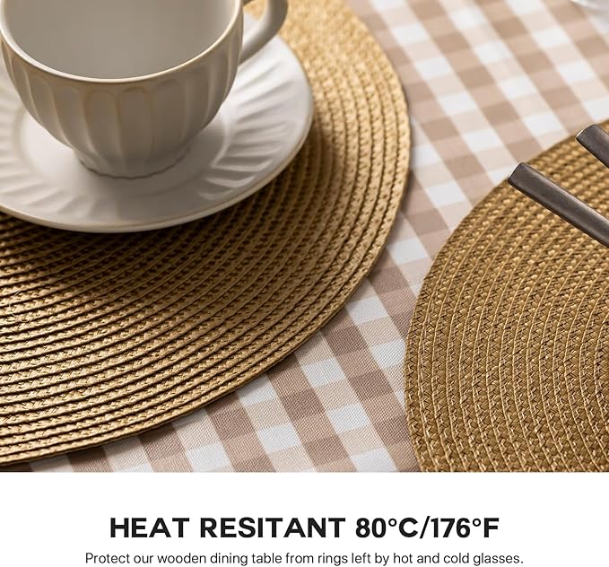 Round Placemats Set of 12 Plastic Woven Placemats Washable Wipeable Table Mats for Dining Table Heat Resistant Non-Slip Circle Place Mats (Tan)