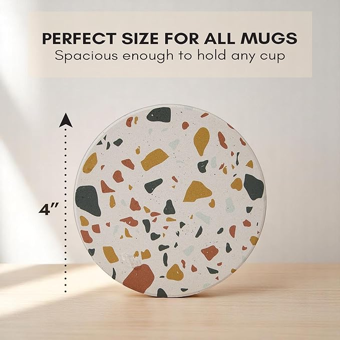 Terrazzo Coasters Set of 6, Ceramic Absorbent Drink Coasters, Cute Moisture Absorbing Coaster, Coffee Table Desk Decor, Colorful Stone Coaster for Drinks (Sunset with Black Holder)