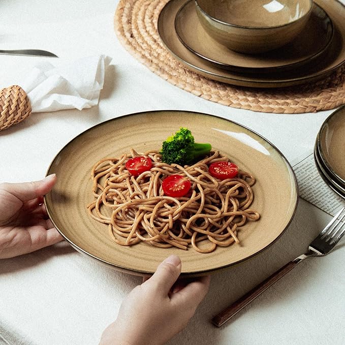 Ceramic Dinnerware 12 Pieces Dinnerware Sets Cereal Bowls Reactive Change Glaze Dish Sets, Modern Stoneware Dishe