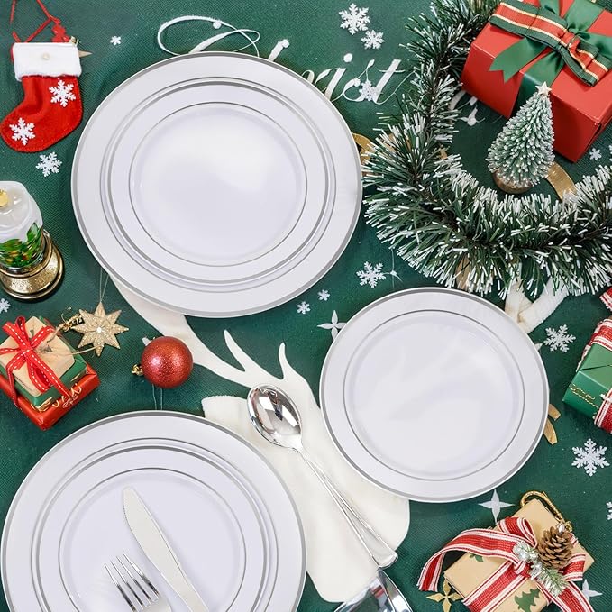 bUCLA 600pcs Silver Plastic Dinnerware Set for 100 Guests - Silver Christmas Dinnerware Set Disposable for Party - Include 100 Dinner Plates,100 Dessert Plates,100Cups,100 Knives,100 Forks,100 Spoons