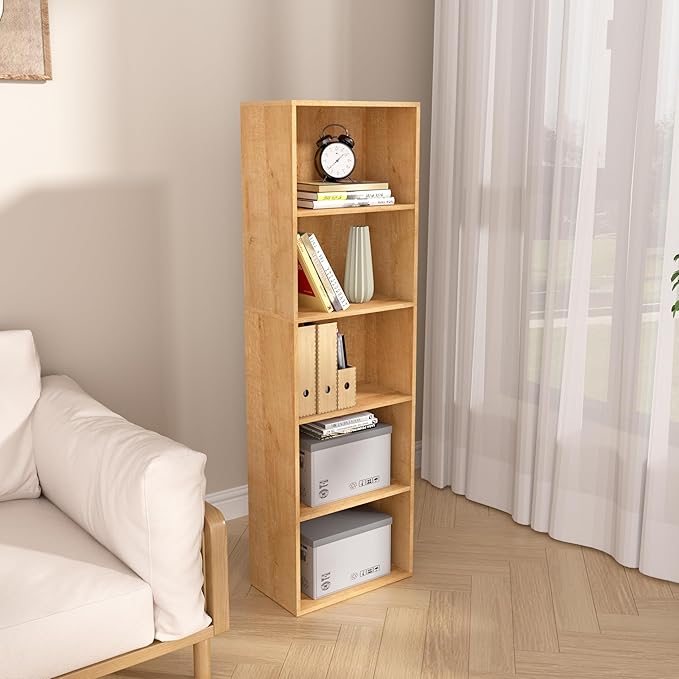 Wooden 5 Cube Storage Organizer, Oak 5 Tier Bookcase Bookshelf Freestanding Storage Display Organizer, Versatile Cubes Open Shelf and Cubby Unit for Living Room, Home Office, Dinning Room 15.7inch