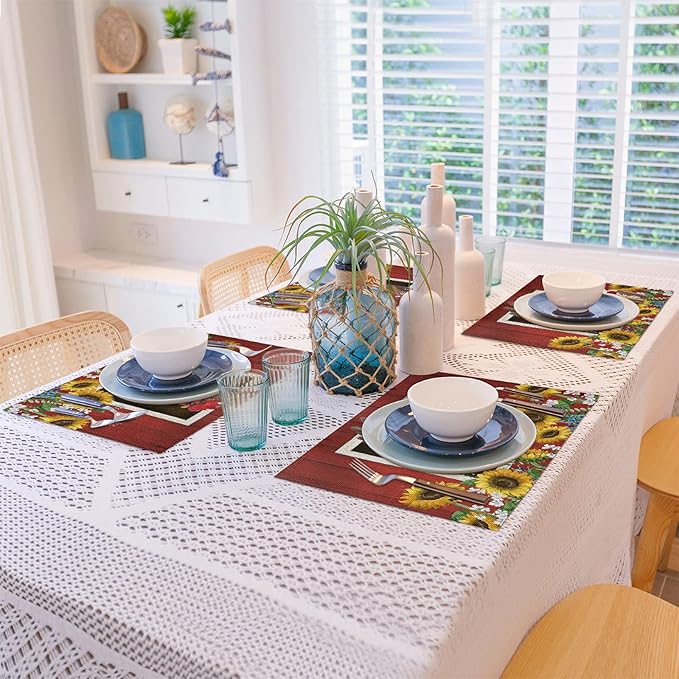 Watercolor Red Barn Cock Placemat Set of 6, Rooster Sunflowers Heart Heat-Resistant Washable Table Place Mats for Kitchen Dining Table Decoration
