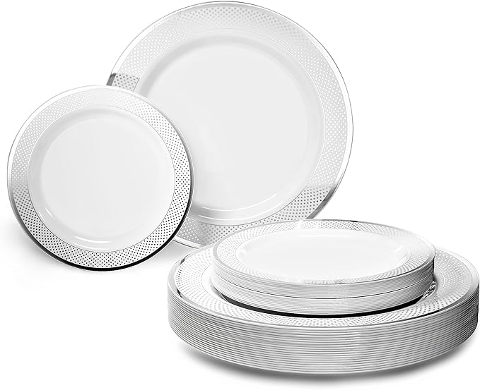 OCCASIONS 240 Plates Pack,(120 Guests) Heavyweight Premium Wedding Party Disposable Plastic Plates Set -120 x 10.5'' Dinner + 120 x 7.5'' Salad/Dessert plates (Sundance White & Gold Rim)