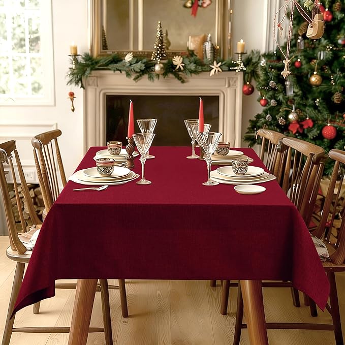 Hiasan Faux Linen Rectangle Tablecloth - Wrinkle and Stain Resistant Washable Table Cloth for Kitchen Dining Room Holiday Table Cover for Dinner, Red, 60 x 102 Inch