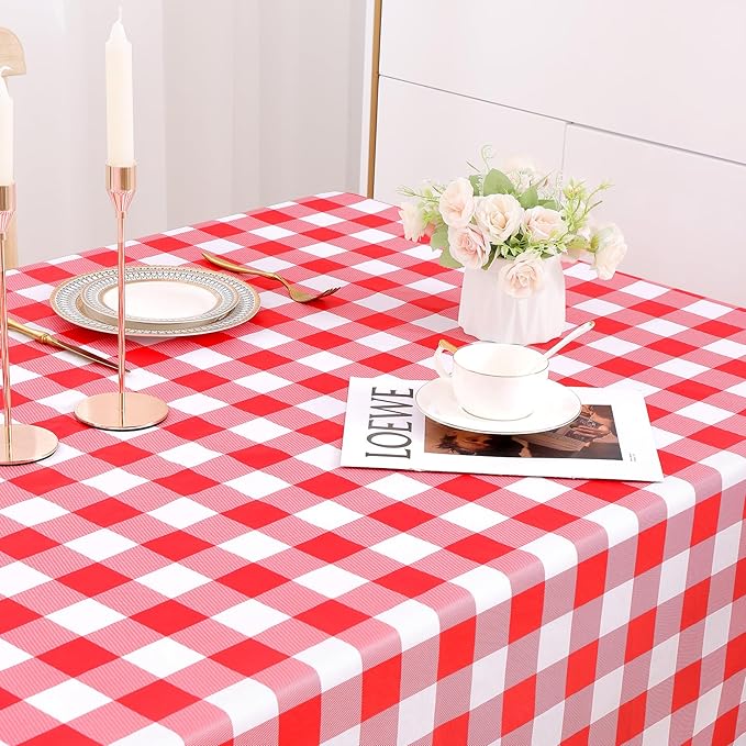 misaya Rectangle Waterproof Vinyl Table Cloth, Buffalo Flannel Backed Tablecloth, Wipeable Plastic Table Cover for Valentine's Day, Dinner, Kitchen, Outdoor (60" x 84", Red and White)
