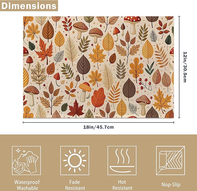 Fall Plastic Placemats, Halloween Thanksgiving Vinyl Placemats 12x18 Inch Waterproof Non-Slip Washable Table Mats for Kitchen Dining Party Table Decor,Set of 6