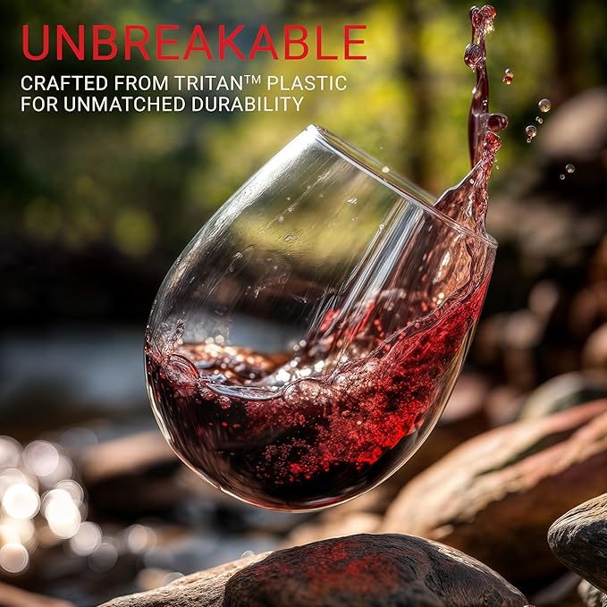 Unbreakable Stemless Plastic Wine Glasses | Reusable | Shatterproof 100% Tritan Plastic | Dishwasher-Safe | BPA-free | Awesome for Indoor & Outdoor | 16 oz, Set of 8