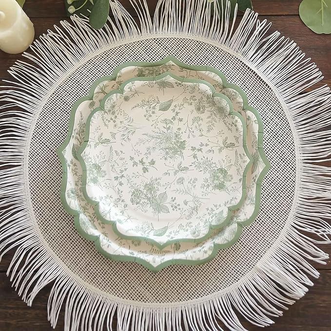 50 Pack 8" Sage Green Dessert Plates in French Toile Floral Pattern, Disposable Round Paper Appetizer Salad Plates 300 GSM for Party Decoration