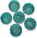 Handmade Decorative Turkish Ceramic Mini Pinch Bowls Set of 6 – Small Dipping & Serving Sauce Bowls, Green Charcuterie Accessories, Hand-Painted Floral Pattern Snack Dishes for Kitchen & Table Decor