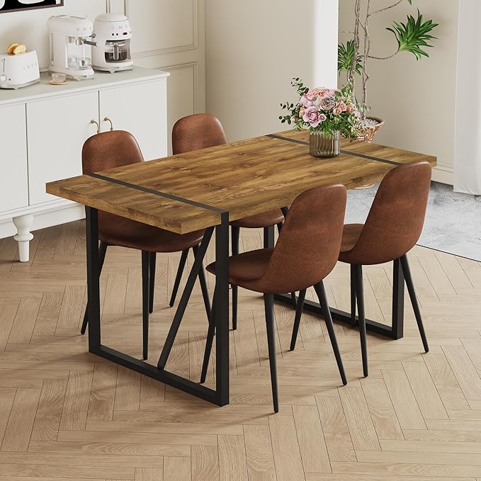 Dining Table Set for 4, Modern 55'' Dark Wood Dining Table and Fabric Dining Chairs Set of 4,Table and Chairs Set of 4,Ideal for Kitchen Dining Room