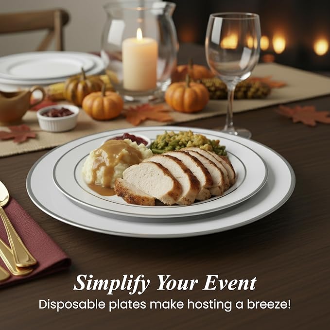 Aya's 100 Silver Rimmed Disposable Plates Set, Heavy Duty - 50 Dinner and 50 Dessert Plastic Plates for Party - Elegant White and Silver Design, Durable Tableware for Weddings, Events and Celebrations