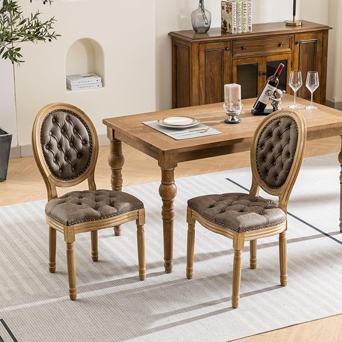 Ball & Cast French Vintage Upholstered Dining Chairs Set of 2, Button Tufted Kitchen Side-Chairs with Carved Antique Wood Frame & Nailhead Trims, PU-Leather Curved Backrest Louis Chair, PU Brown