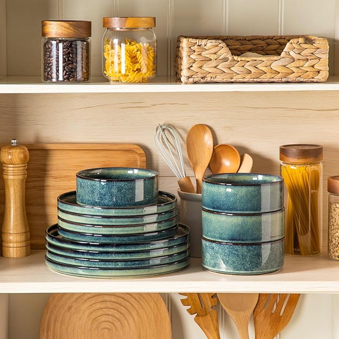 vancasso Starry Plates and Bowls Sets,12 Pieces Green Dinnerware Sets for Kitchen,Modern Stoneware Dishes Set for 4,Dishwasher and Microwave Safe