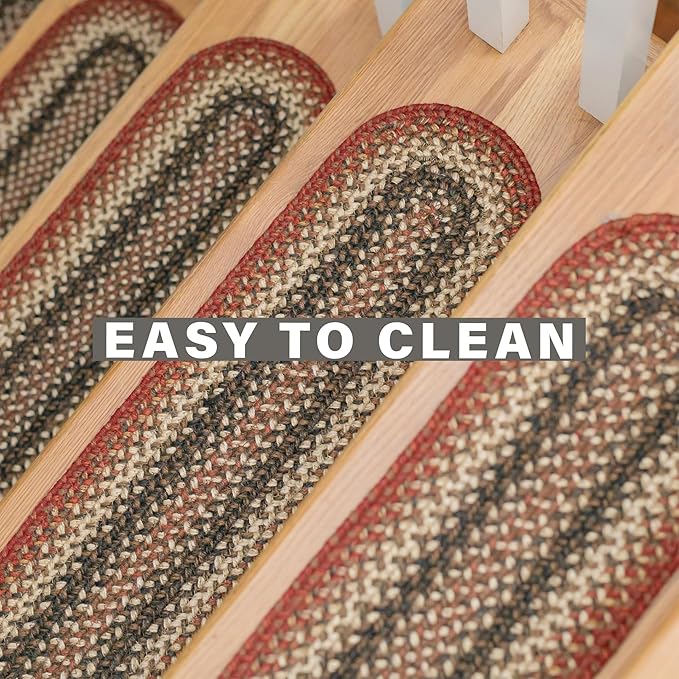 Homespice Chester Jute Braided Stair Treads for Wooden Steps, Country Cabin Decor, Set of 13, Red 8x28 Rectangle Rug for Stairs - Easy to Clean, Tightly Stitched and Durable