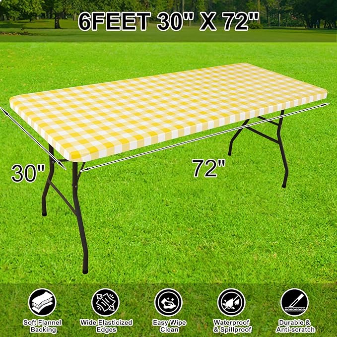 Smiry Rectangle Picnic Table Cloth, Elastic Waterproof Fitted Vinyl Tablecloths, Flannel Backed Buffalo Plaid Table Covers for Dining, Camping, Outdoor (White and Yellow, 30" x 72")