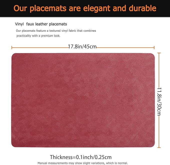 Vinyl Placemats Set of 12 Faux Leather 100% Waterproof Wipeable Washable Place Mats Heat Resistant Easy Clean Non-Slip Table Mats for Indoor Outdoor. (12,Red)