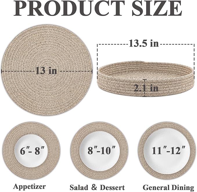 Round Placemats Set of 6 with Holder, Cotton Rope Woven Place Mats, Hot Pads for Kitchen, Heat Resistant Table Mats, 13 Inch Farmhouse Washable Braided Placemat for Kitchen Decor (Brown)