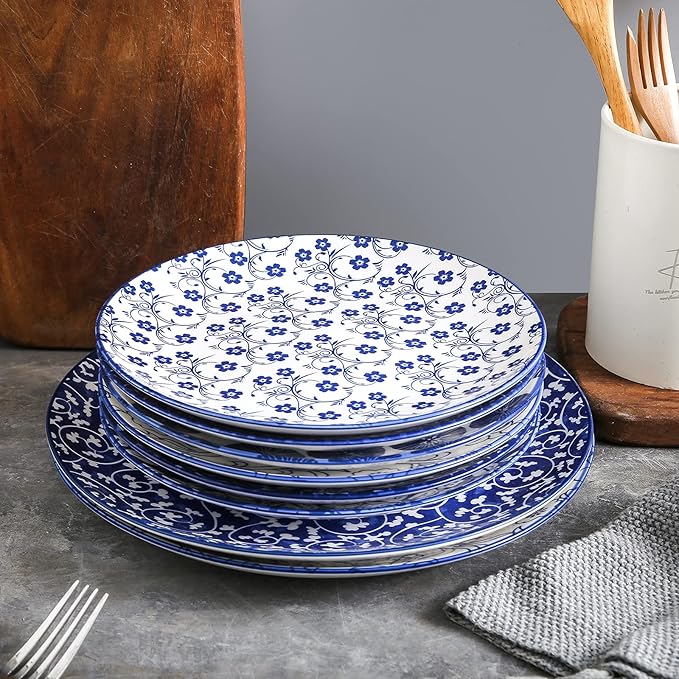Selamica 8 inch Porcelain Dinner Plates, Large Size Serving Plate for Salad, Pancakes, Steak, Set of 6, Vintage Blue