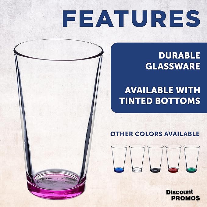 DISCOUNT PROMOS Beer Pint Glasses 16 oz. Set of 10, Bulk Pack - Heavy Duty Glassware for Restaurant, Thick Base and Walls, Stackable - Pink