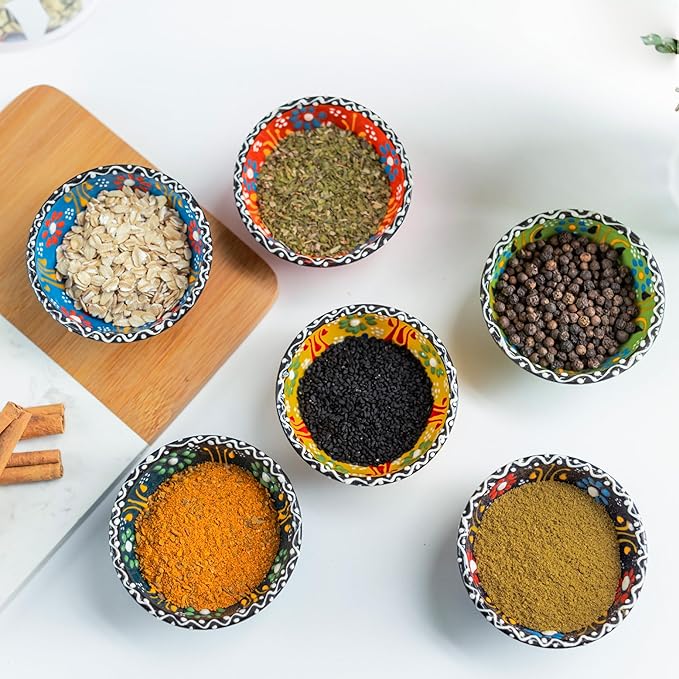 Ceramic Small Dipping Bowls Set of 6, 3.5 Oz Soy Sauce Dish, Handmade Charcuterie, Colorful Pinch, Dishwasher & Microwave Safe, 3.2'' Mini (SULTAN'S GARDEN)