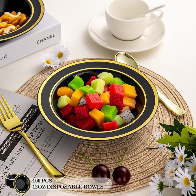 100 Pack Black Disposable Soup Bowls with Gold Rim,12oz Disposable Soup Bowls,Disposable Soup Dessert Salad Bowls for Wedding/Party/Catered Events