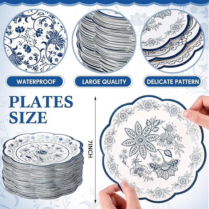 Umigy 120 Pcs 7 Inch Blue and White Floral Disposable Plates Blue Chinoiserie Floral Dessert Paper Plates for Wedding Bridal Shower Party Supplies