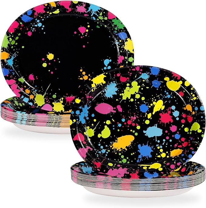 Grencian 50Pcs Neon Party Supplies 10" X 12" Large Heavy Duty Neon Glow Oval Paper Plates Colorful Graffiti Birthday Decorations for Baby Shower Birthday Glow in the Dark Theme Parties