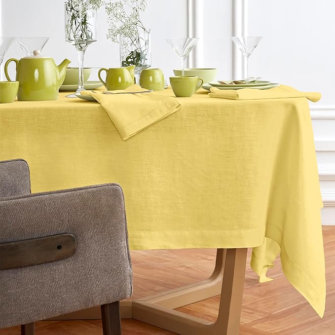 Solino Home Yellow Linen Tablecloth 70 x 126 Inch - 100% Pure Linen Rectangular Tablecloth - Machine Washable Table Cloth for Spring, Easter - Sonoma