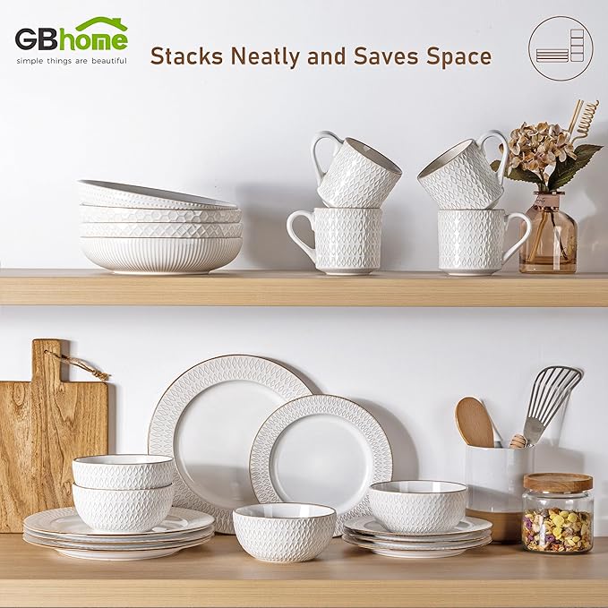 GBHOME Ceramic Dinnerware Sets,12 pcs Embossed Elegant Stoneware Plates and Bowls Sets, Housewarming Wedding Gift | Dishwasher & Microwave Safe | Dishes Set Service for 4