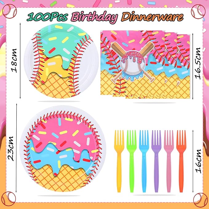 Yungyan 24 Sets Ice Cream Drip Baseball Party Supplies Disposable Ice-cream Drip Baseball Paper Plates and Napkins Forks Summer Sports Party Baby Shower Decoration Tableware Set Dinnerware for Women