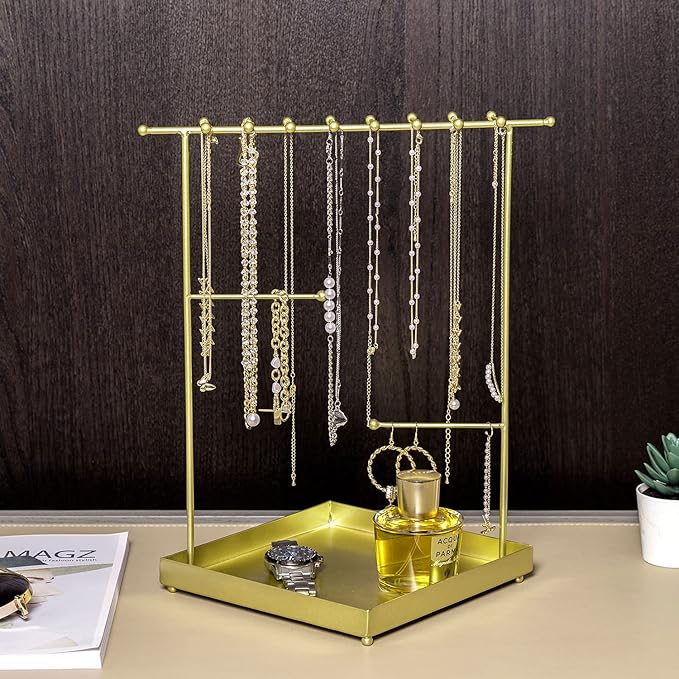MyGift Matte Metal T Bar Jewelry Stand Organizer with Ring Tray, 3 Bracelet and Necklace Bars and 2 Earring Storage Hanger Bars for 18 pairs of Earrings (Brass)