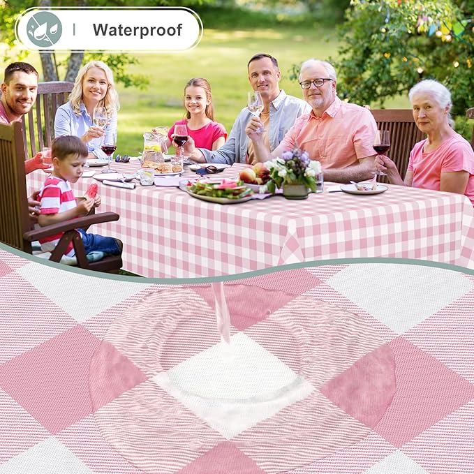 misaya Rectangle Waterproof Vinyl Table Cloth, Buffalo Flannel Backed Tablecloth, Wipeable Plastic Table Cover for Valentine's Day, Dinner, Kitchen, Outdoor (60" x 120", Pink and White)