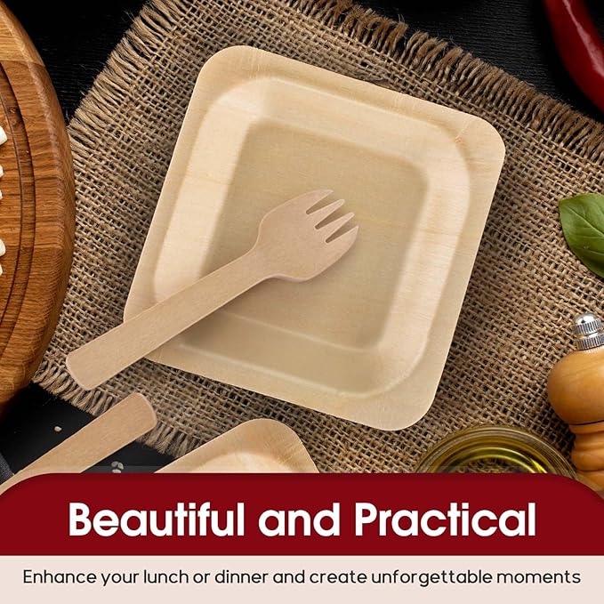 300 Pcs Disposable Palm Leaf Bowls, Square Bamboo Appetizer Plates, Compostable Wood Plates with Bamboo Forks for Birthday Wedding Party, Dessert, Catering and Home Use (4.4 x 4.4x0.5 Inch)
