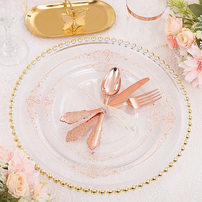 Hioasis 175pcs Clear Rose Gold Plastic Plates - Elegant Disposable Dinnerware Set Suitable for 25 Guests Include 10.25" Dinner & 7.5" Dessert Plates, Cutlery, Napkins, Cups for Party