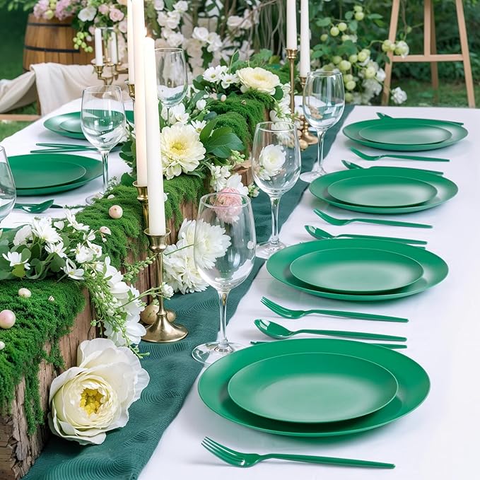 EI 150pcs Green Plastic Plates,Green Disposable Plates Heavy Duty,Fancy Plastic Dinnerware Set,Dinner Plate for Party,Picnic,Birthday,Wedding Afternoon Tea Spring