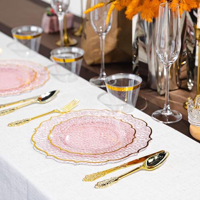 N9R 120 Clear and Pink Plastic Plates, Pink Disposable Plate with Gold Rim, Stone Texture Plate, Include 120 Dinner & Dessert Plates for Wedding, Party